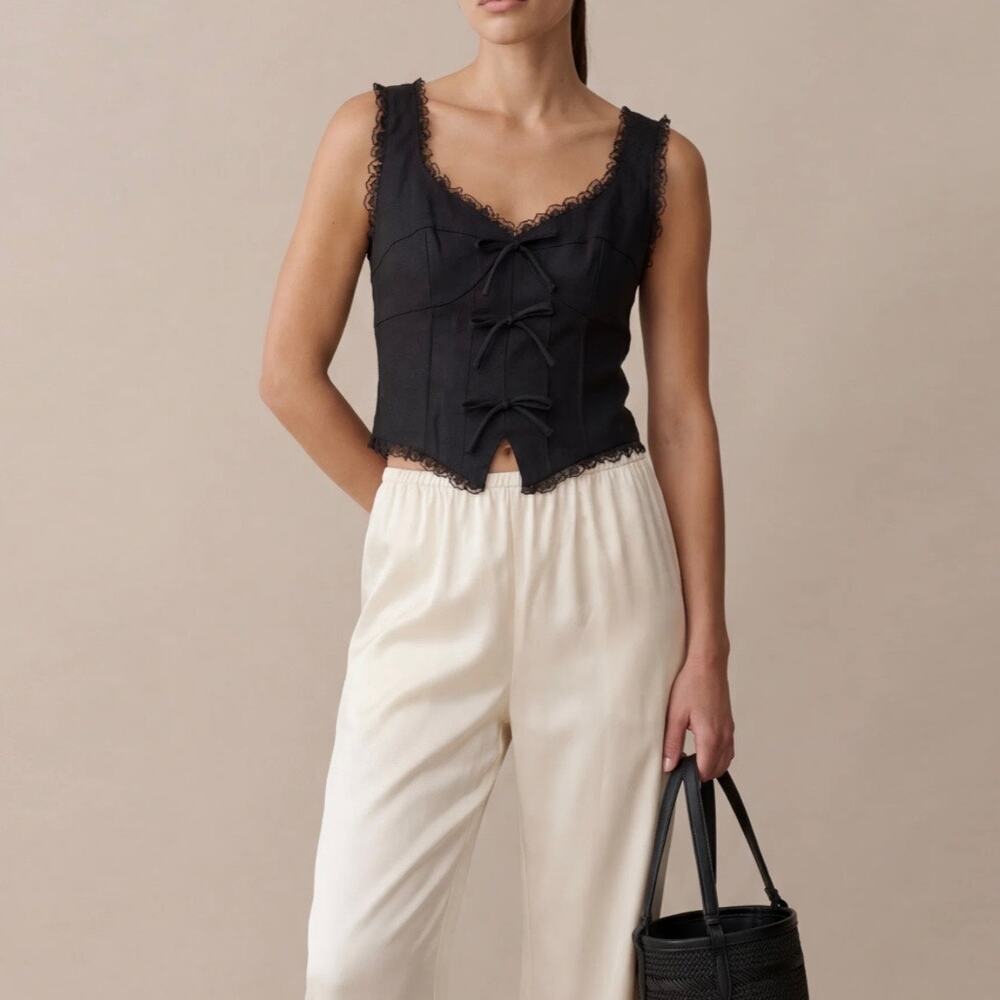 Few Moda Giogia Linen Top Lace Trim Bow Black Size 10 M Modern Goth Minimalist